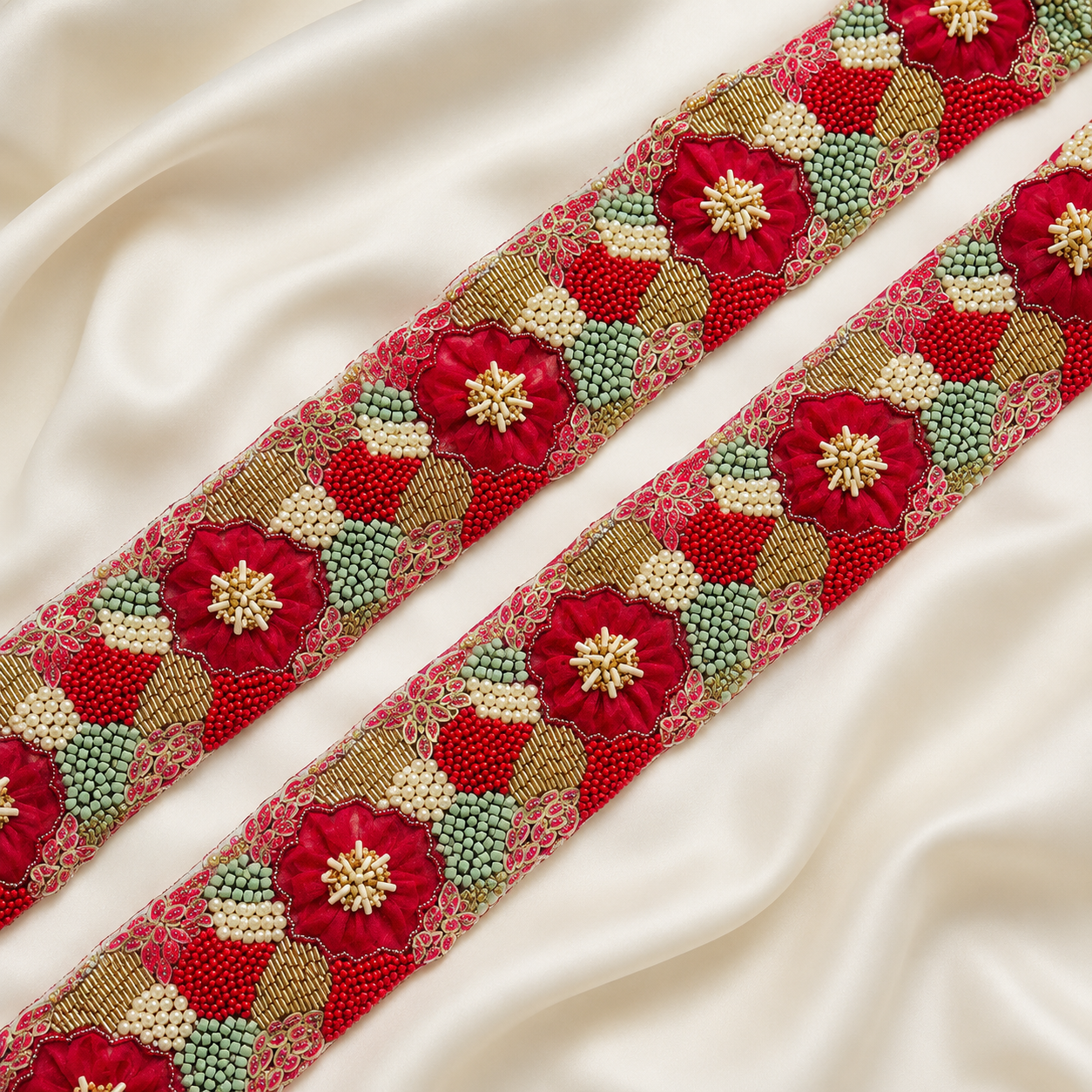 Floral Beaded Embroidered Lace Border with Pearl Detailing
