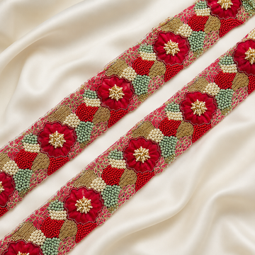 Floral Beaded Embroidered Lace Border with Pearl Detailing