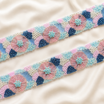 Floral Beaded Embroidered Lace Border with Pearl Detailing