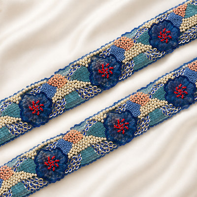 Floral Beaded Embroidered Lace Border with Pearl Detailing
