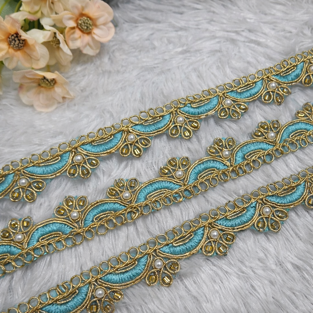 Scalloped Pearl & Cutdana Embroidered Lace Trim Border