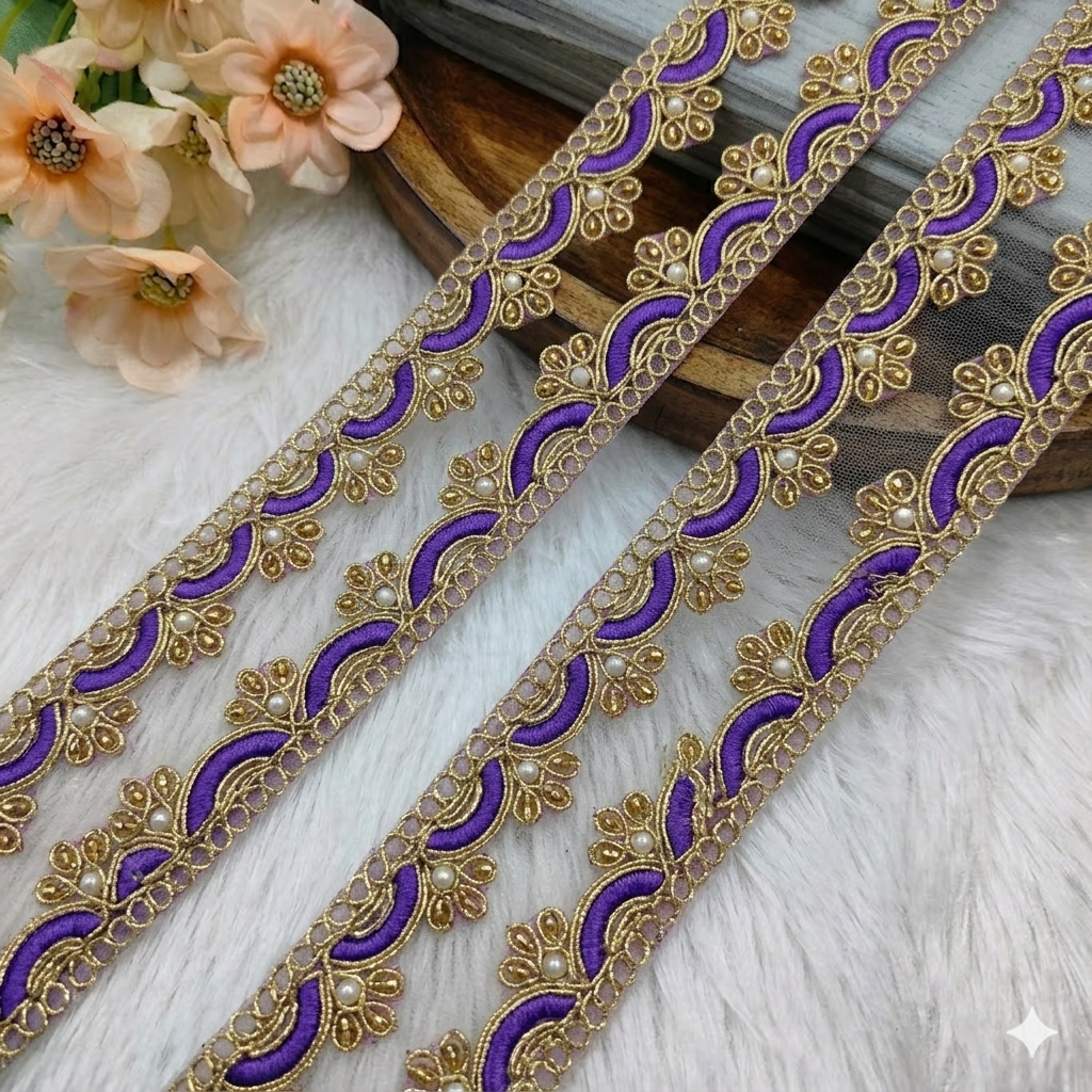 Scalloped Pearl & Cutdana Embroidered Lace Trim Border