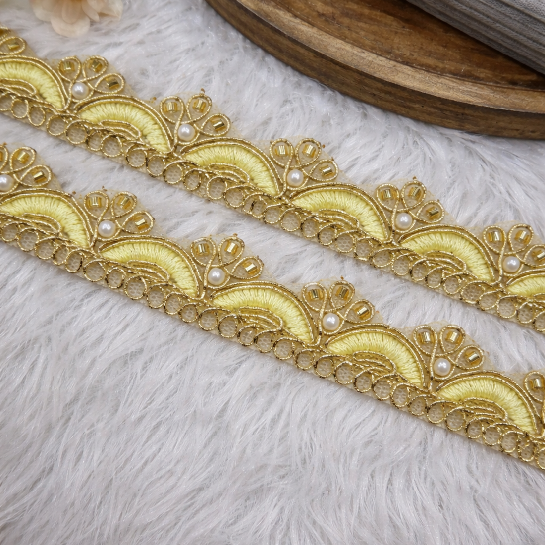 Scalloped Pearl & Cutdana Embroidered Lace Trim Border