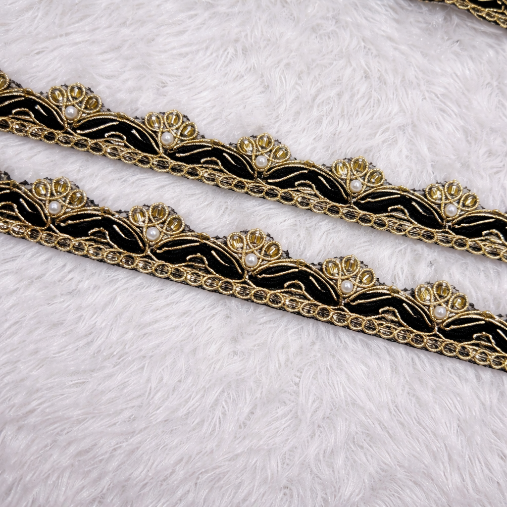 Scalloped Pearl & Cutdana Embroidered Lace Trim Border