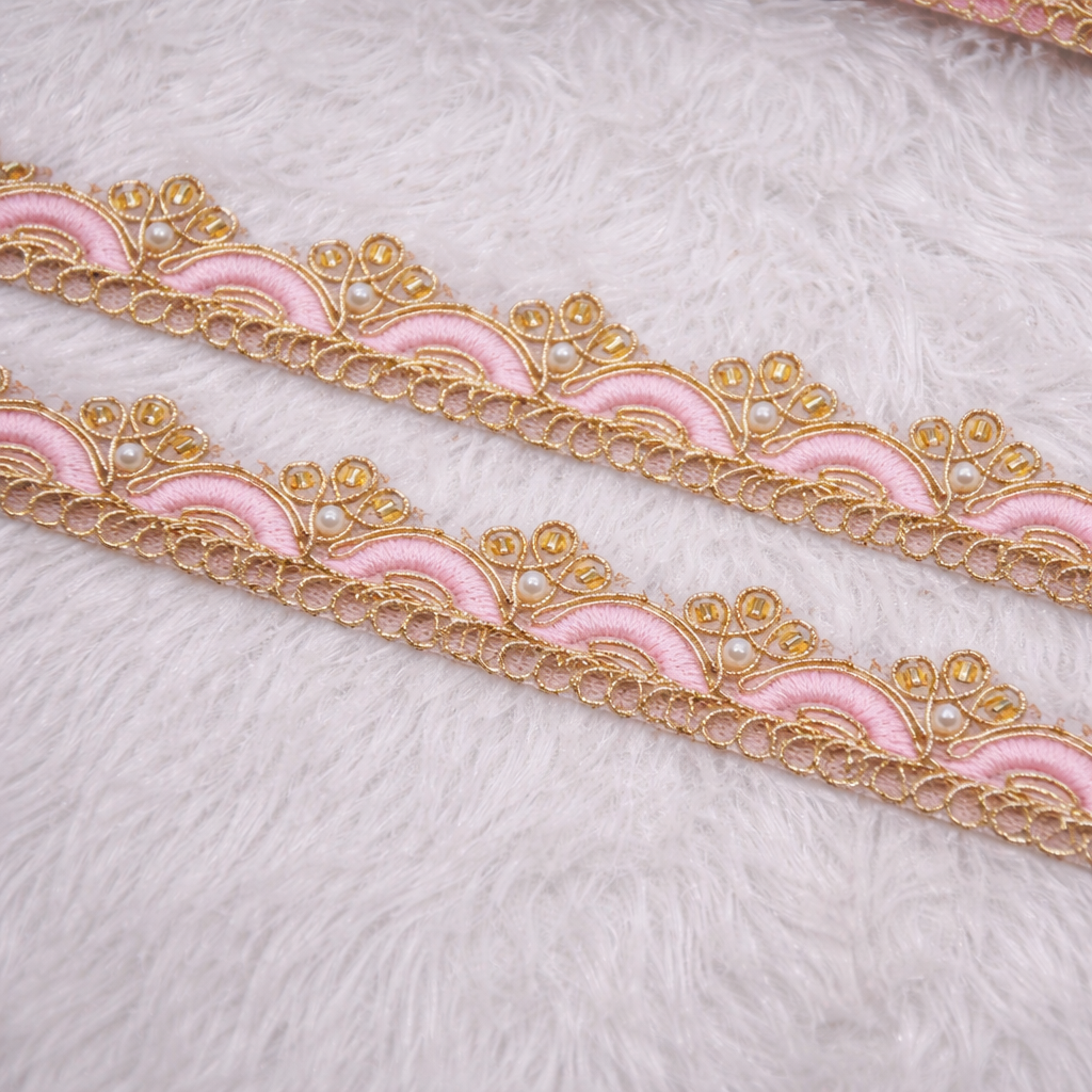 Scalloped Pearl & Cutdana Embroidered Lace Trim Border