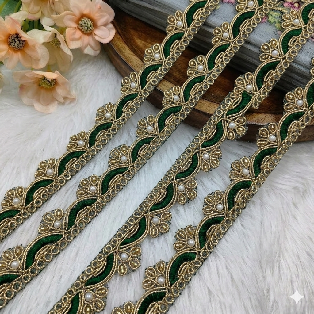 Scalloped Pearl & Cutdana Embroidered Lace Trim Border