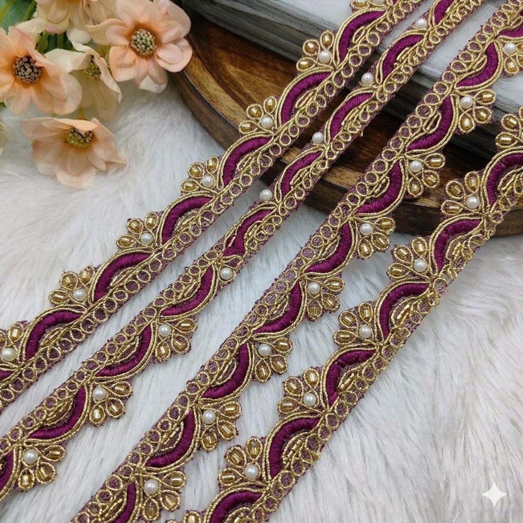 Scalloped Pearl & Cutdana Embroidered Lace Trim Border