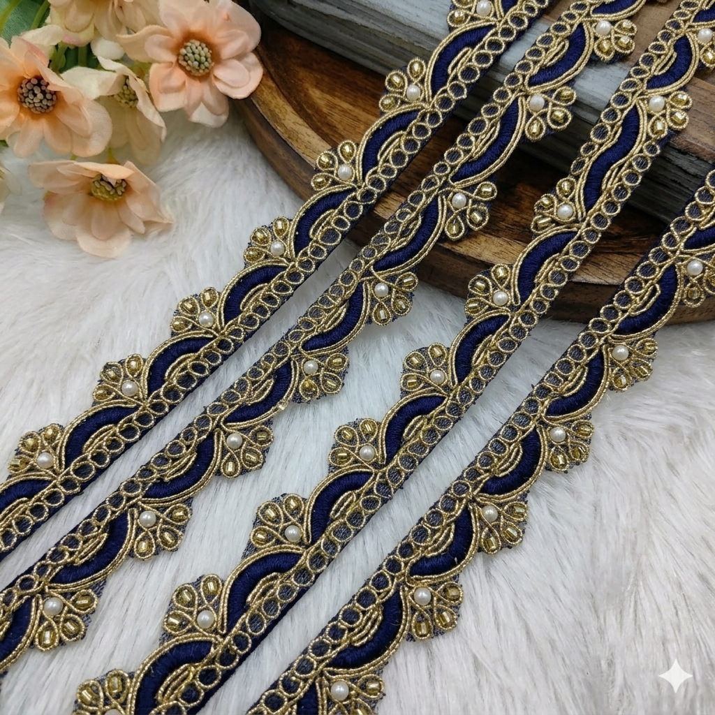 Scalloped Pearl & Cutdana Embroidered Lace Trim Border