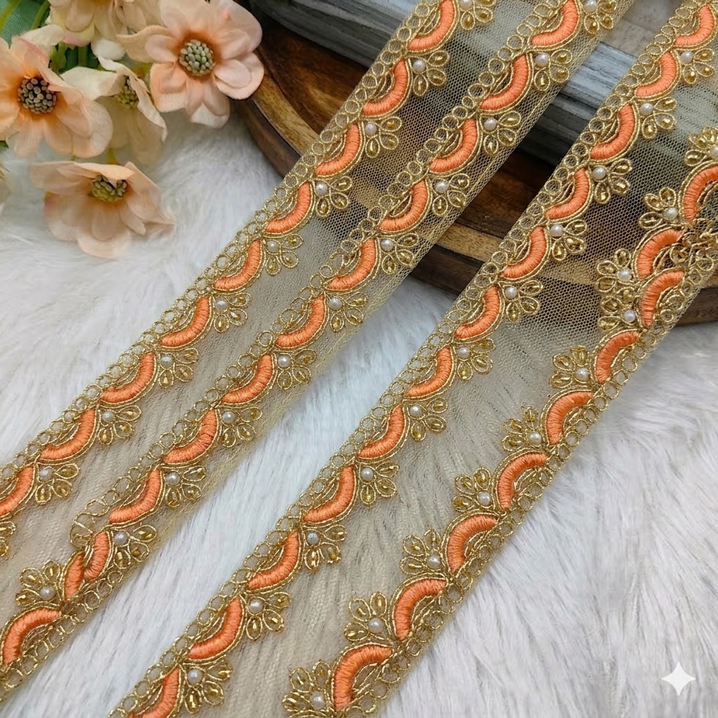 Scalloped Pearl & Cutdana Embroidered Lace Trim Border