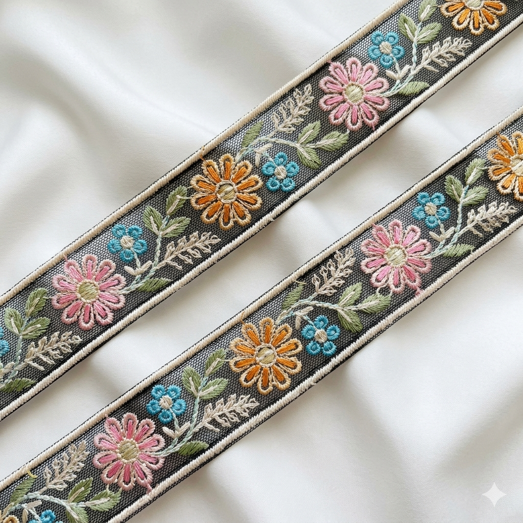 Handcrafted Floral Embroidered Lace Trim Border for Designer