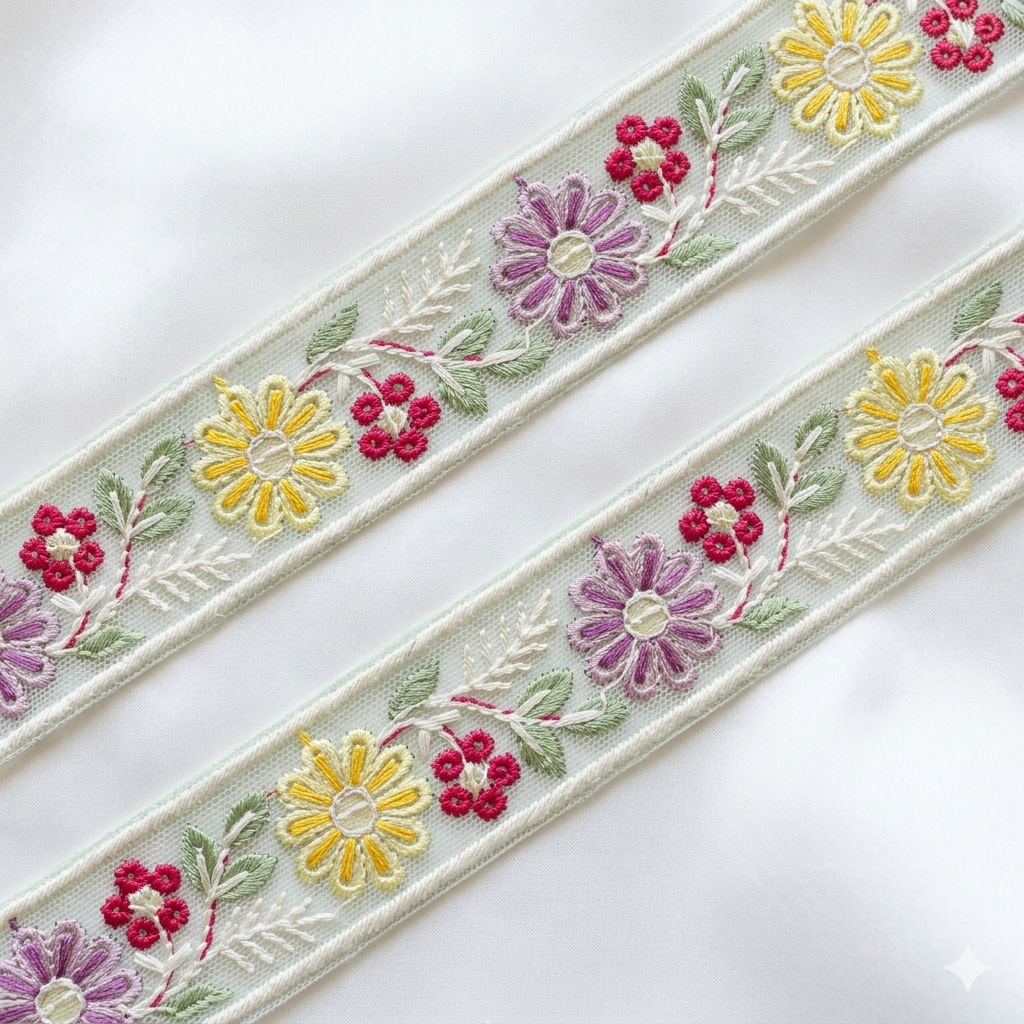 Handcrafted Floral Embroidered Lace Trim Border for Designer