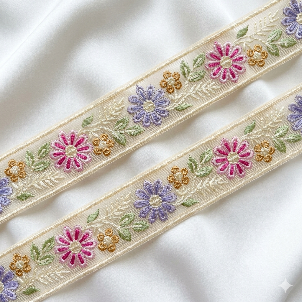 Handcrafted Floral Embroidered Lace Trim Border for Designer