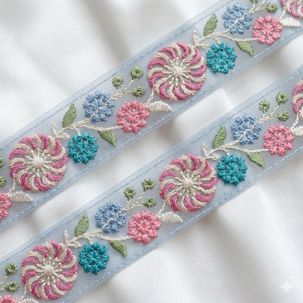 Floral Embroidered Net Lace Trim Border for Designer & Ethnic Wear