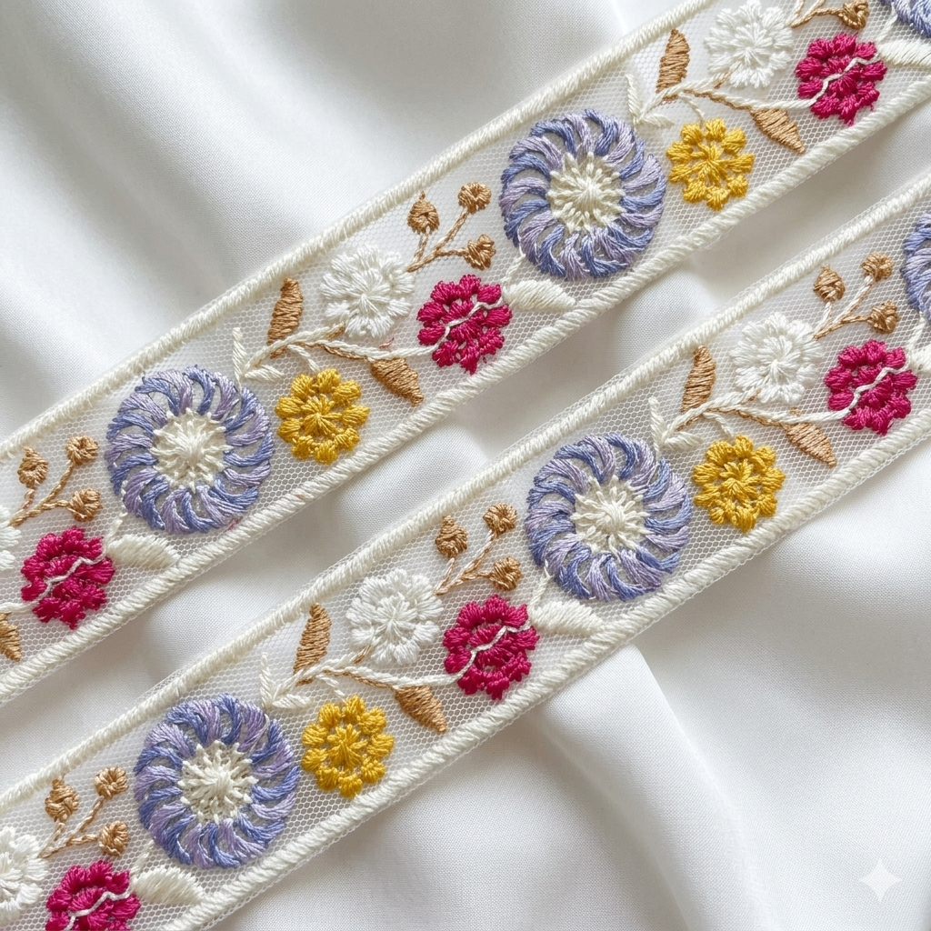 Floral Embroidered Net Lace Trim Border for Designer & Ethnic Wear