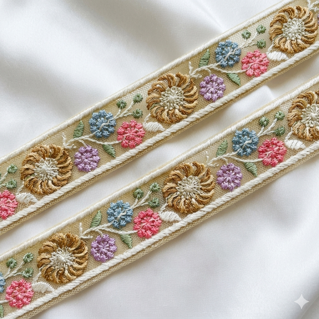 Floral Embroidered Net Lace Trim Border for Designer & Ethnic Wear