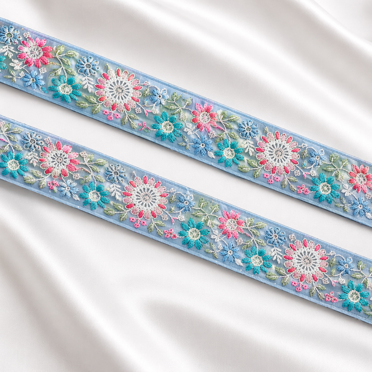Multicolor Floral Embroidered Lace Trim Border on Sheer Base