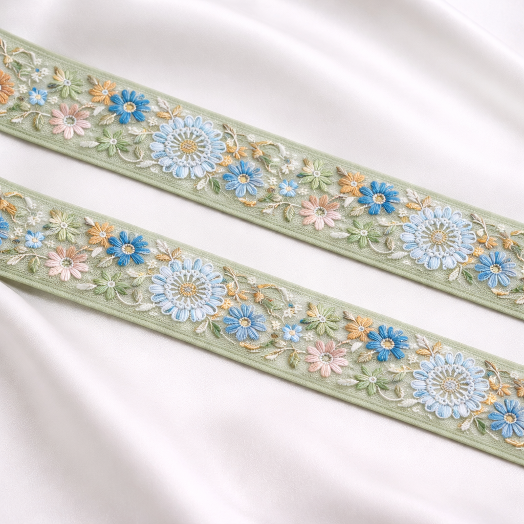 Multicolor Floral Embroidered Lace Trim Border on Sheer Base