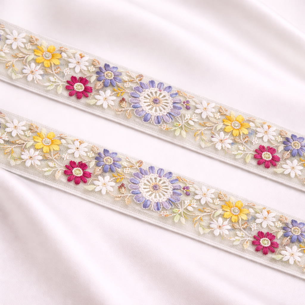 Multicolor Floral Embroidered Lace Trim Border on Sheer Base