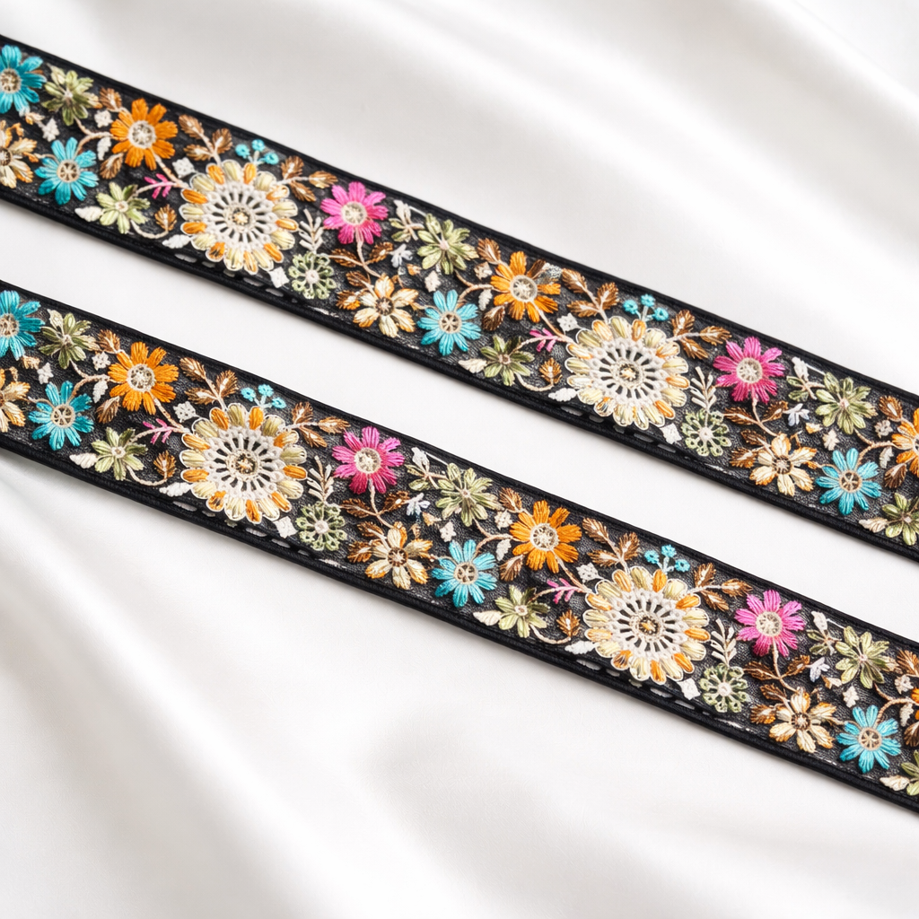 Multicolor Floral Embroidered Lace Trim Border on Sheer Base