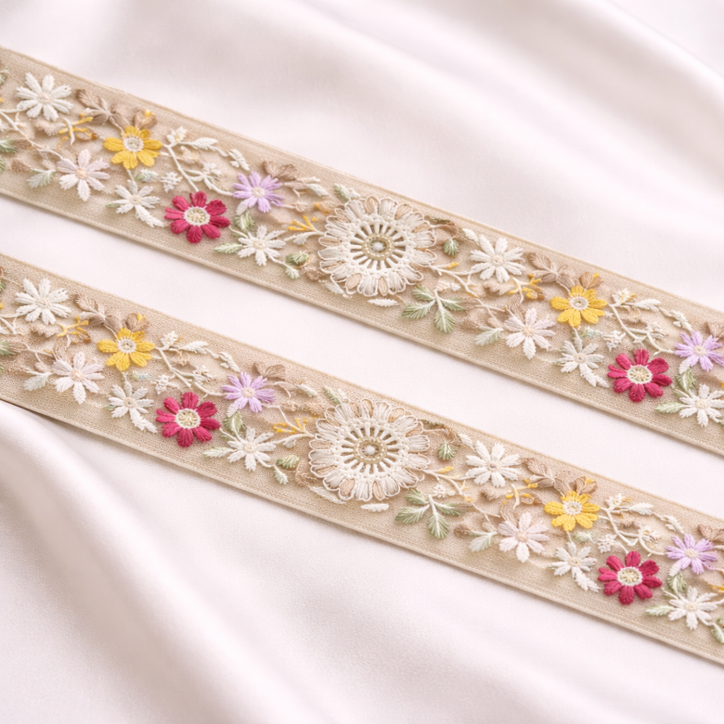 Multicolor Floral Embroidered Lace Trim Border on Sheer Base