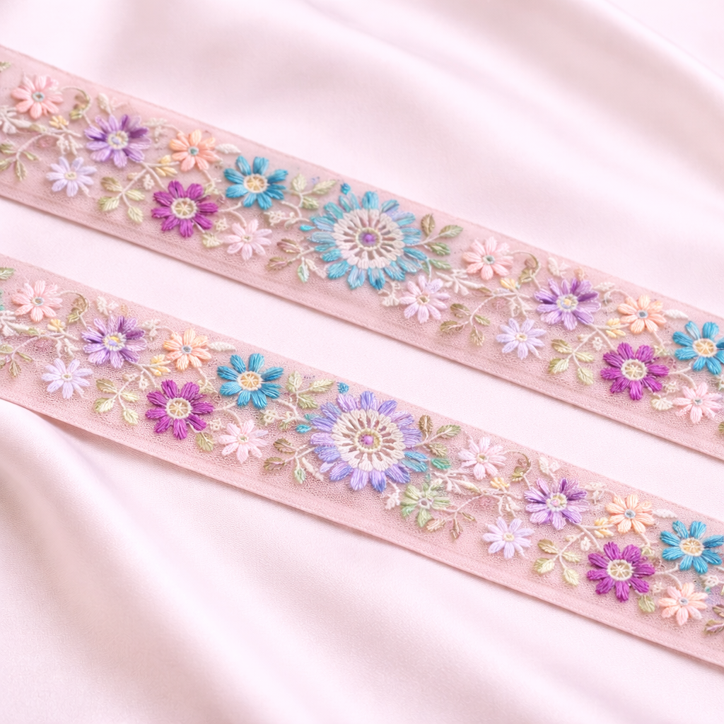 Multicolor Floral Embroidered Lace Trim Border on Sheer Base
