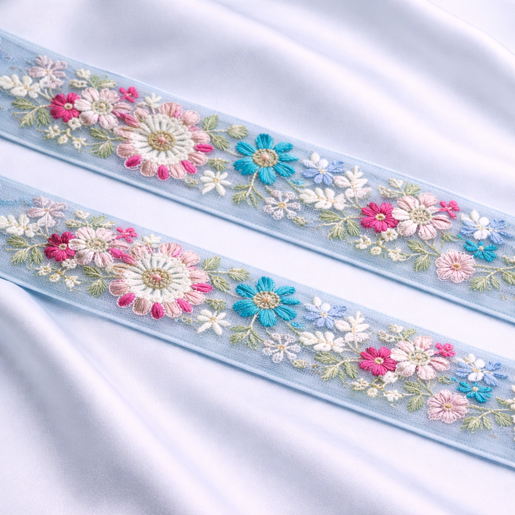 Multicolor Floral Embroidered Lace Trim Border on Sheer Base