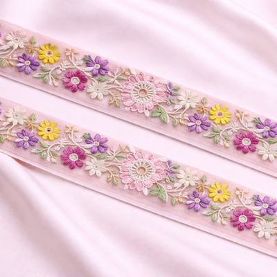Multicolor Floral Embroidered Lace Trim Border on Sheer Base
