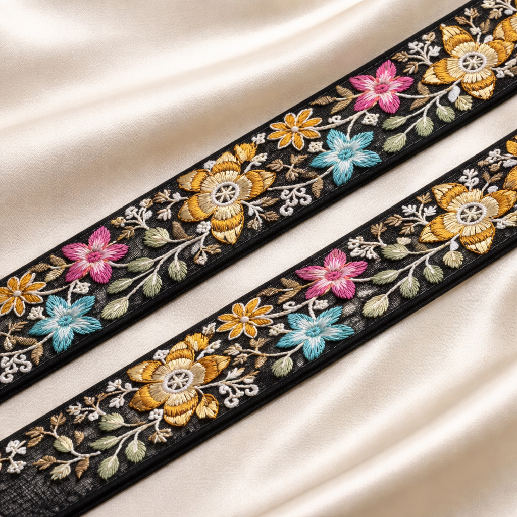 Multicolor Floral Embroidered Lace Trim Border on Sheer Base