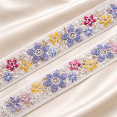 Multicolor Floral Embroidered Lace Trim Border on Sheer Base