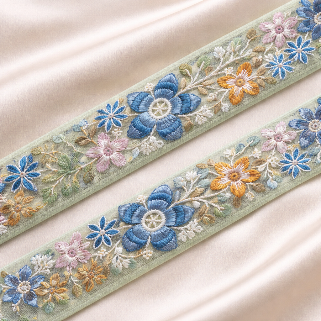 Multicolor Floral Embroidered Lace Trim Border on Sheer Base