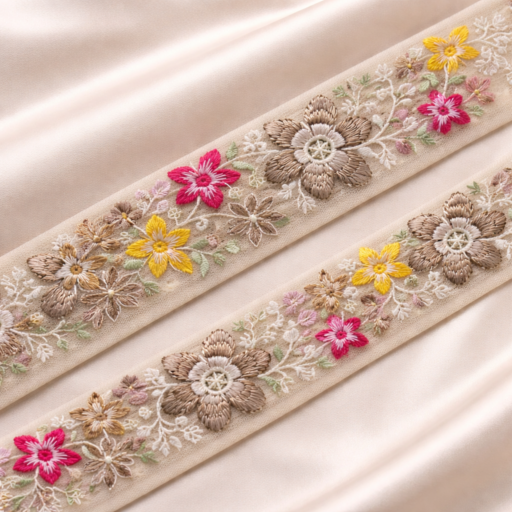 Multicolor Floral Embroidered Lace Trim Border on Sheer Base