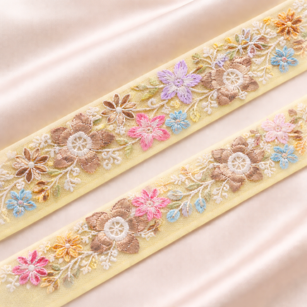 Multicolor Floral Embroidered Lace Trim Border on Sheer Base