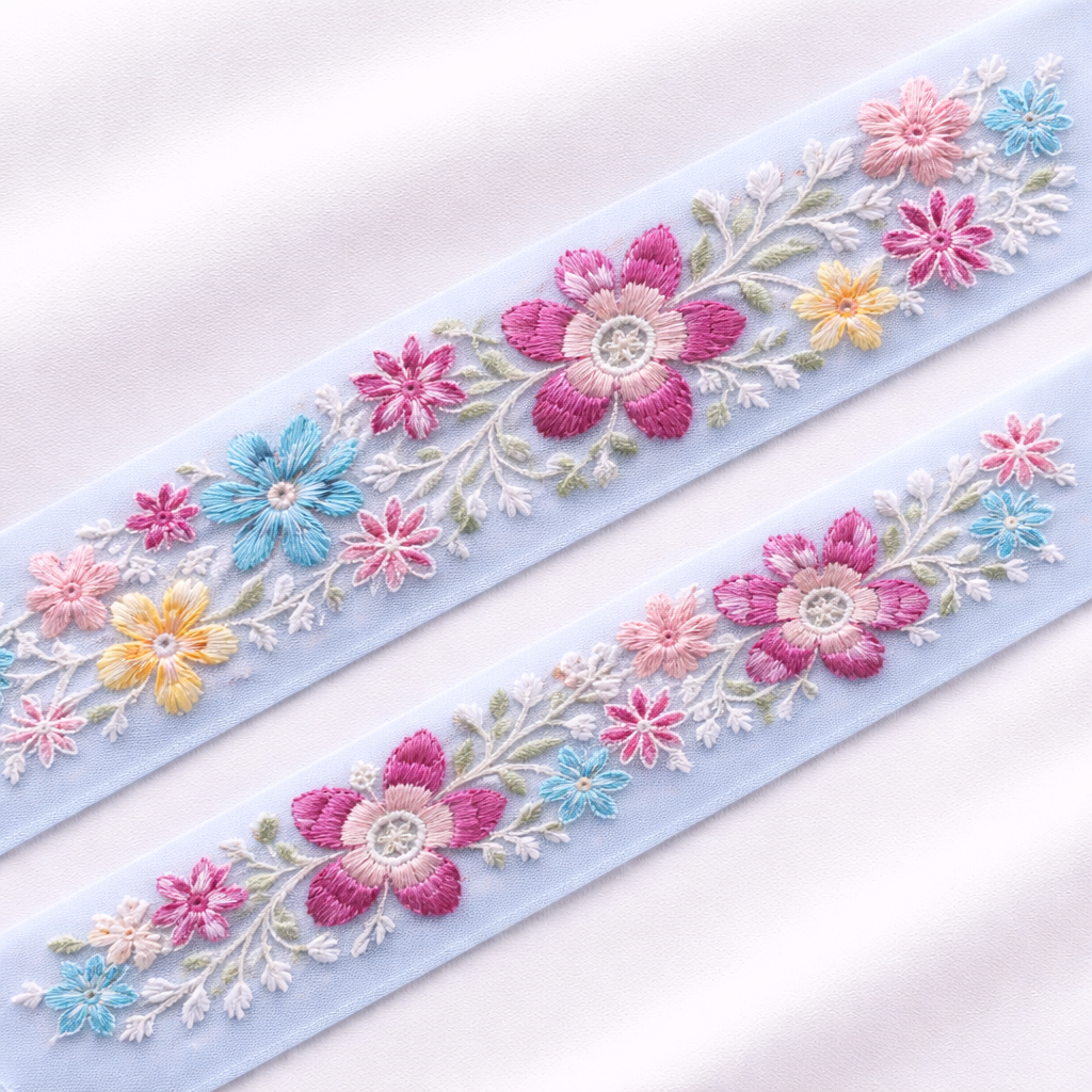 Multicolor Floral Embroidered Lace Trim Border on Sheer Base