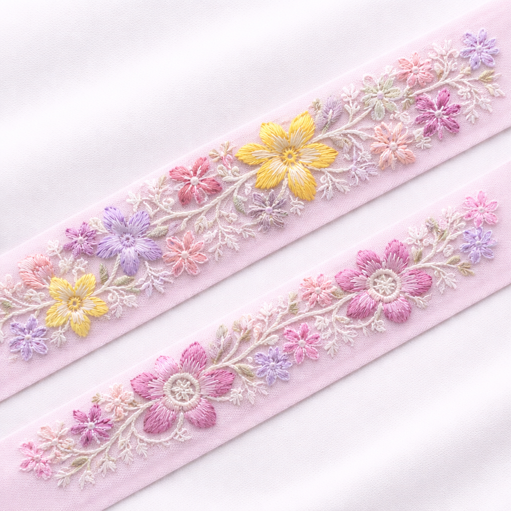 Multicolor Floral Embroidered Lace Trim Border on Sheer Base
