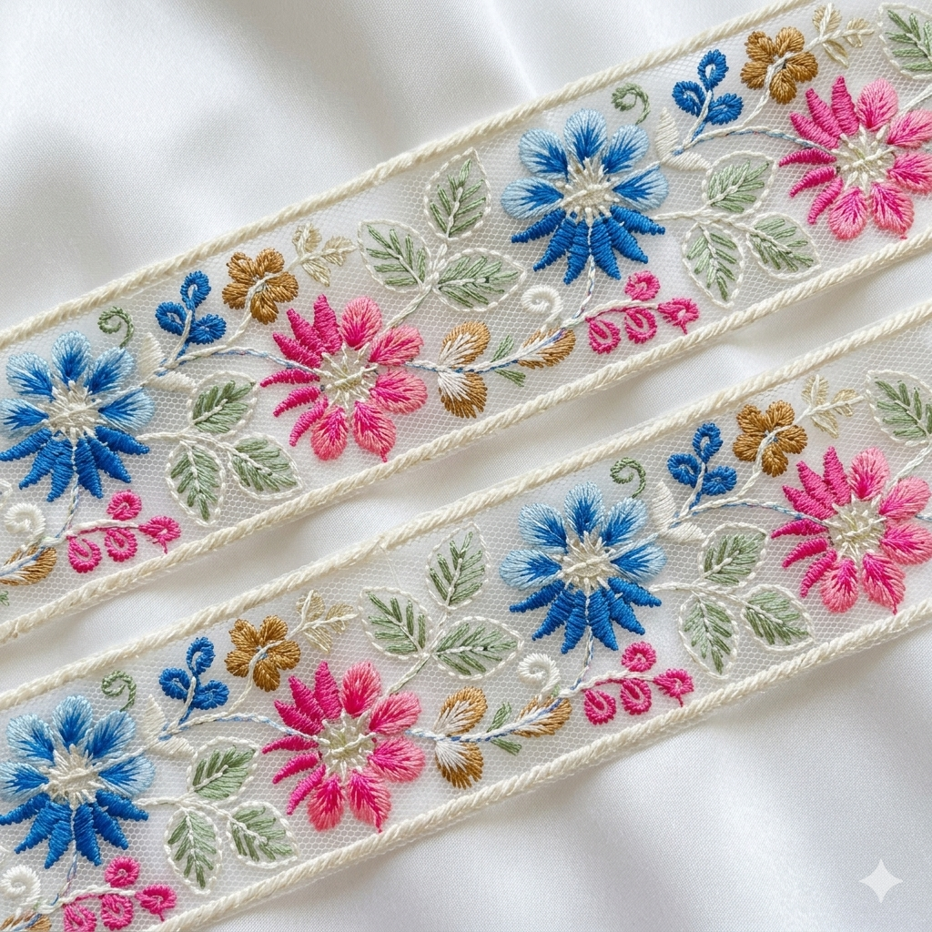 Pastel Floral Embroidered Border Lace Trim