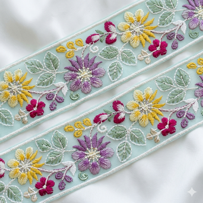 Pastel Floral Embroidered Border Lace Trim
