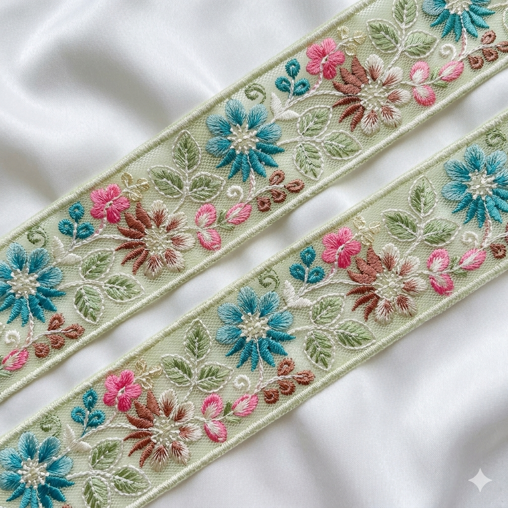 Pastel Floral Embroidered Border Lace Trim