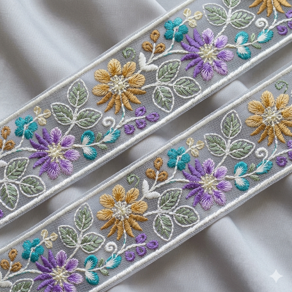Pastel Floral Embroidered Border Lace Trim