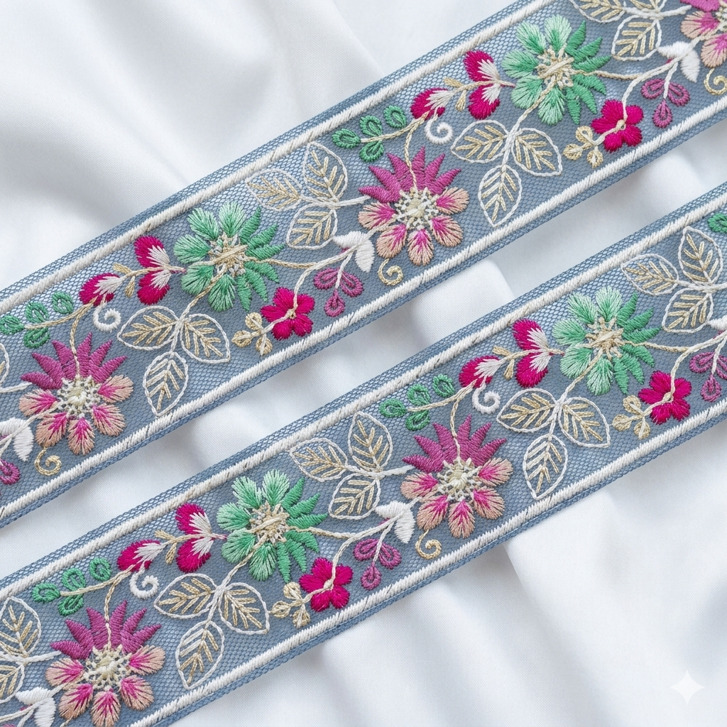 Pastel Floral Embroidered Border Lace Trim