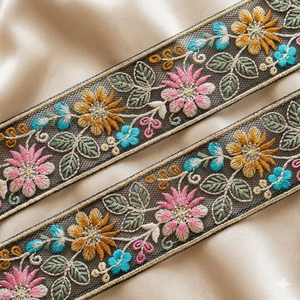 Pastel Floral Embroidered Border Lace Trim