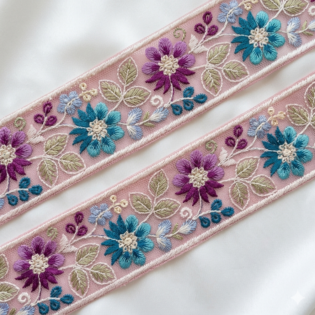 Pastel Floral Embroidered Border Lace Trim
