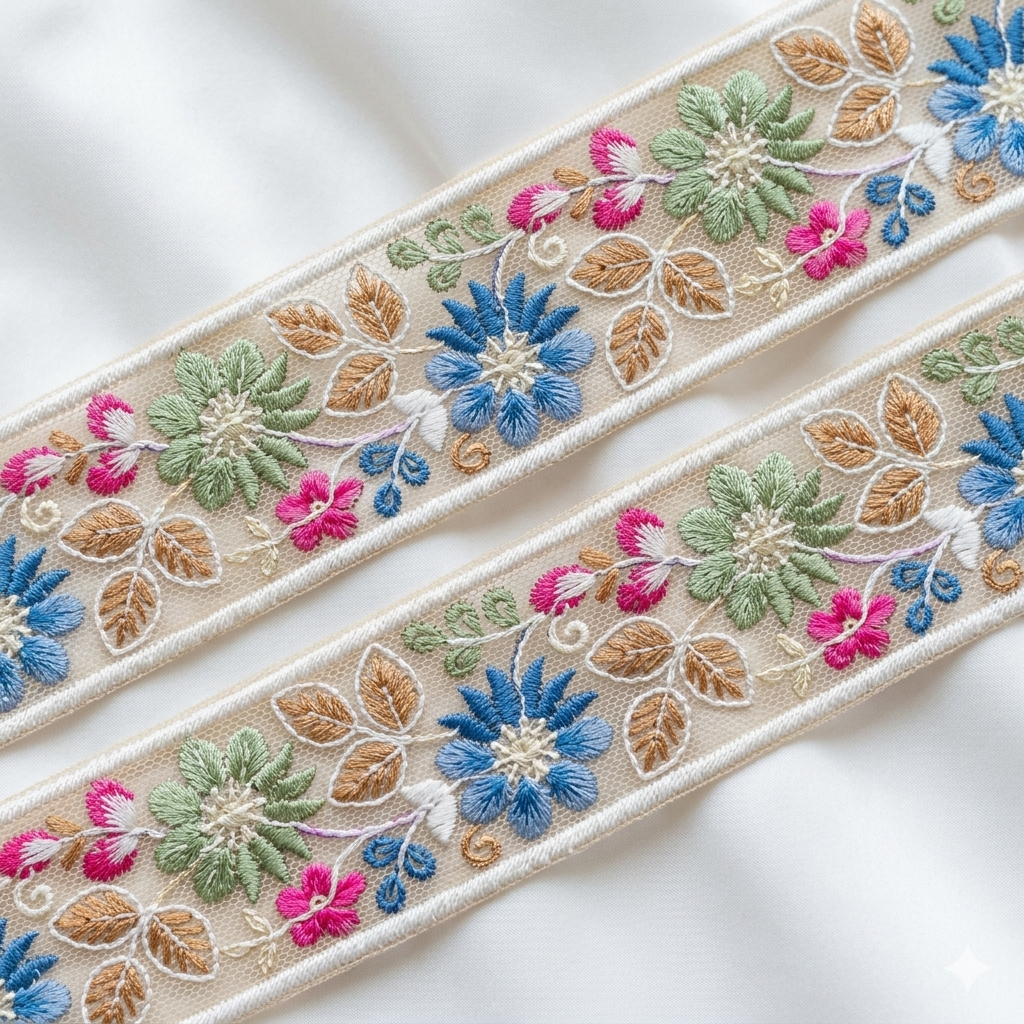 Pastel Floral Embroidered Border Lace Trim