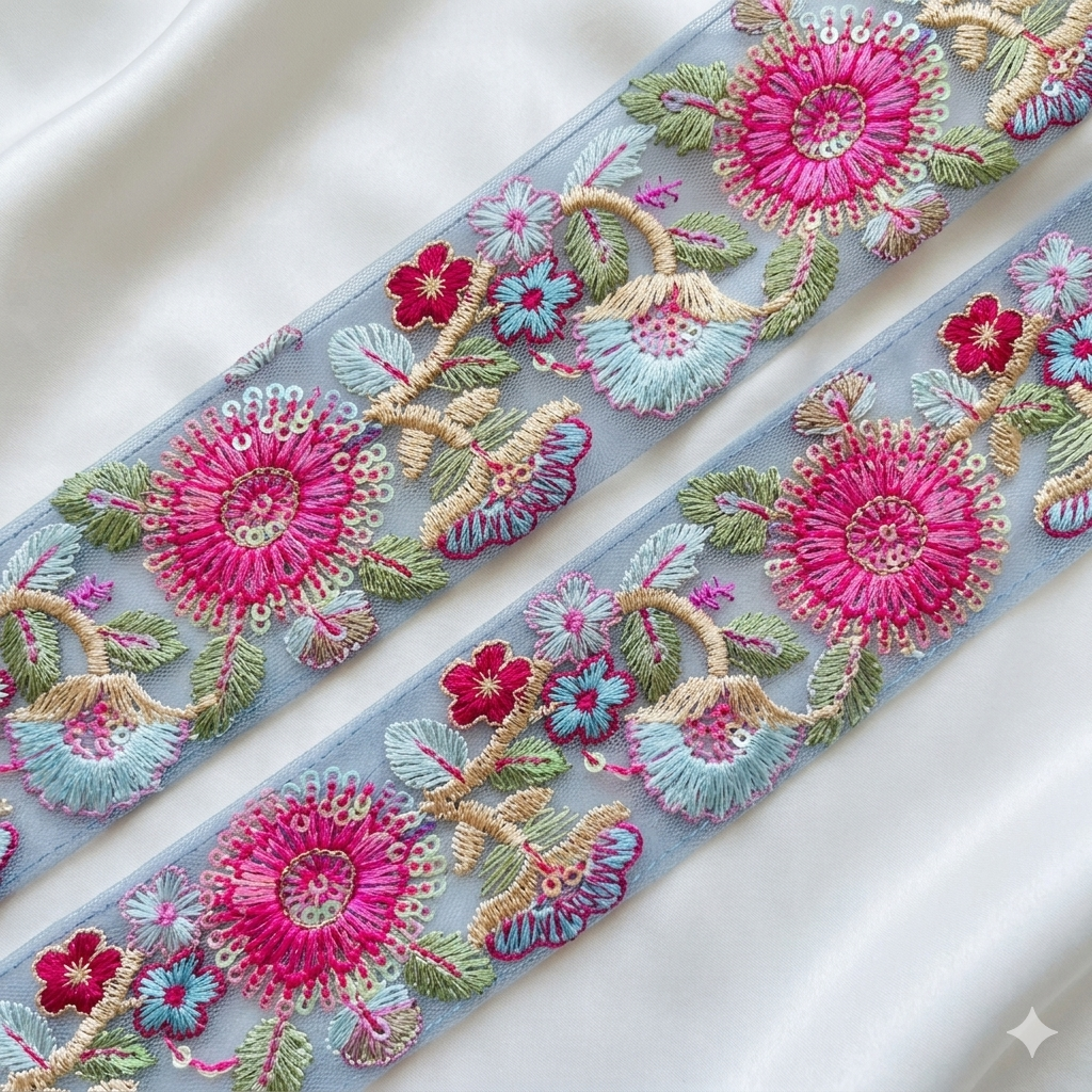 Handcrafted Floral Embroidered Lace Trim with Ornate Sequin Detailing