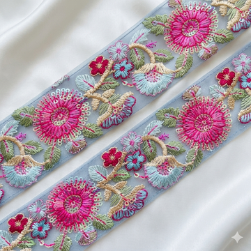 Handcrafted Floral Embroidered Lace Trim with Ornate Sequin Detailing