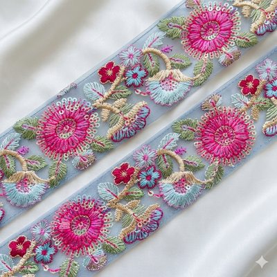 Handcrafted Floral Embroidered Lace Trim with Ornate Sequin Detailing