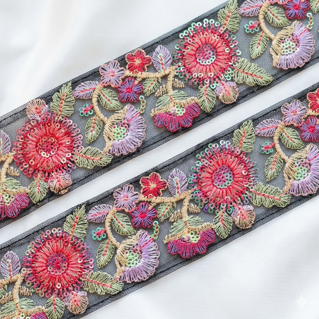 Handcrafted Floral Embroidered Lace Trim with Ornate Sequin Detailing