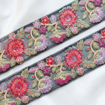 Handcrafted Floral Embroidered Lace Trim with Ornate Sequin Detailing hover
