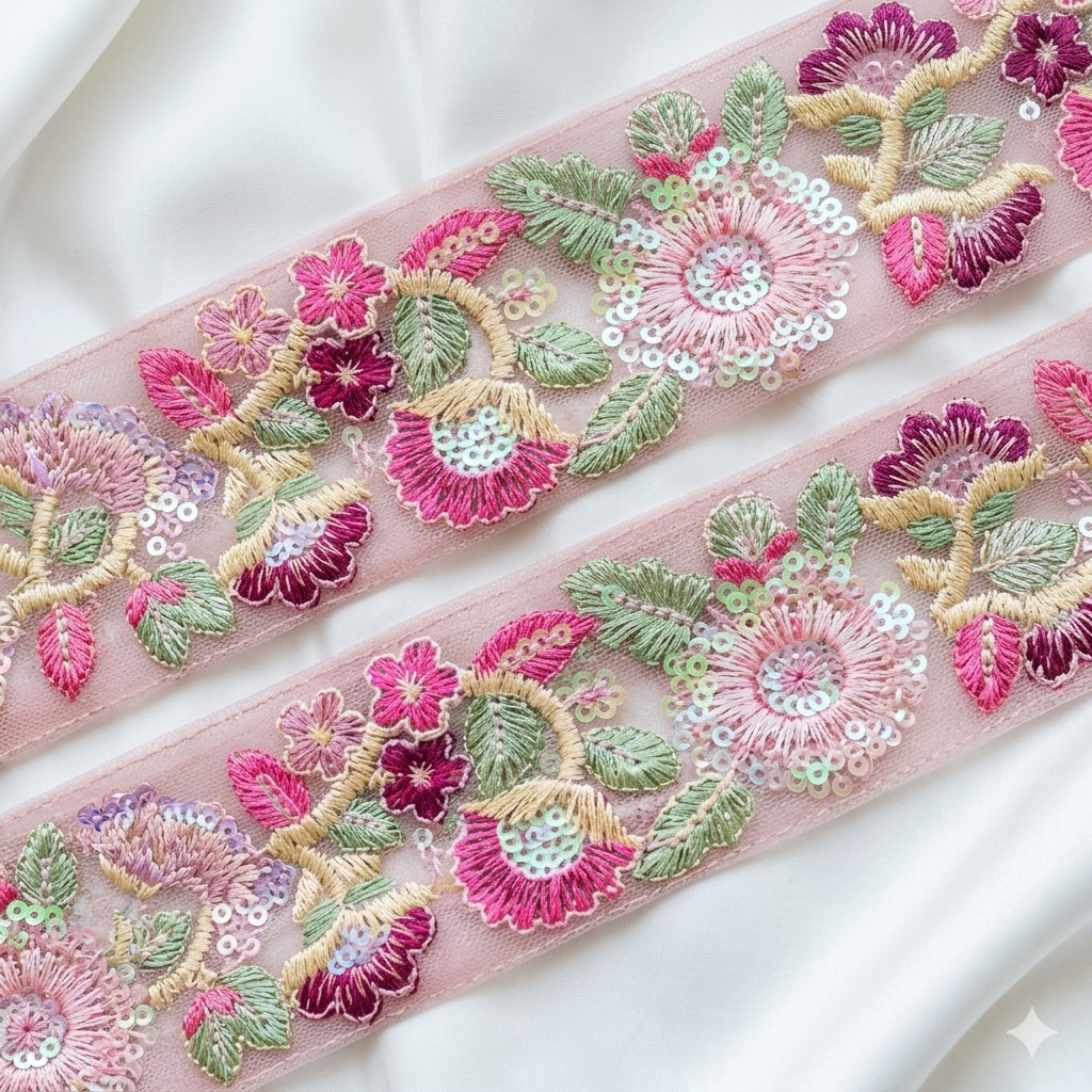Handcrafted Floral Embroidered Lace Trim with Ornate Sequin Detailing
