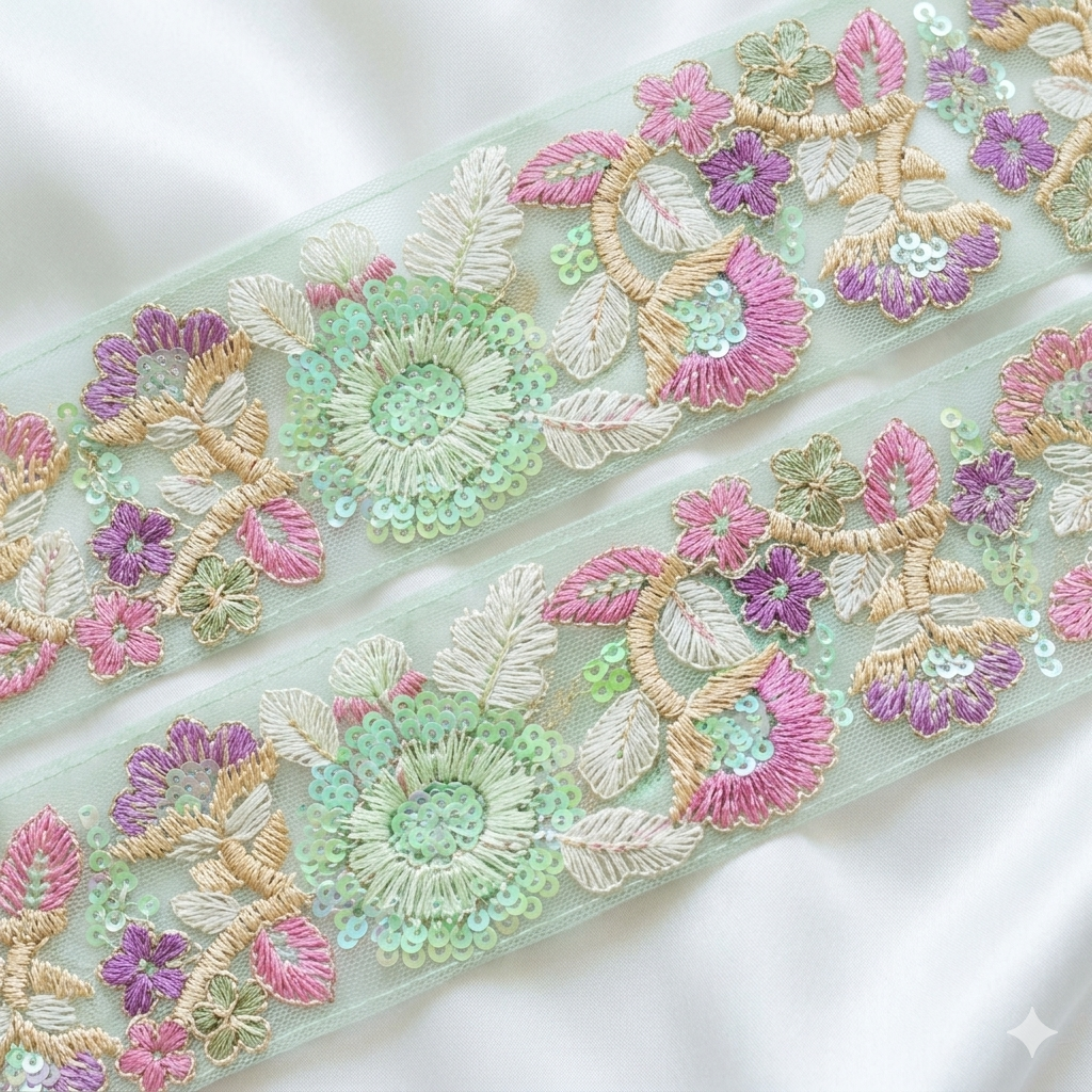 Handcrafted Floral Embroidered Lace Trim with Ornate Sequin Detailing