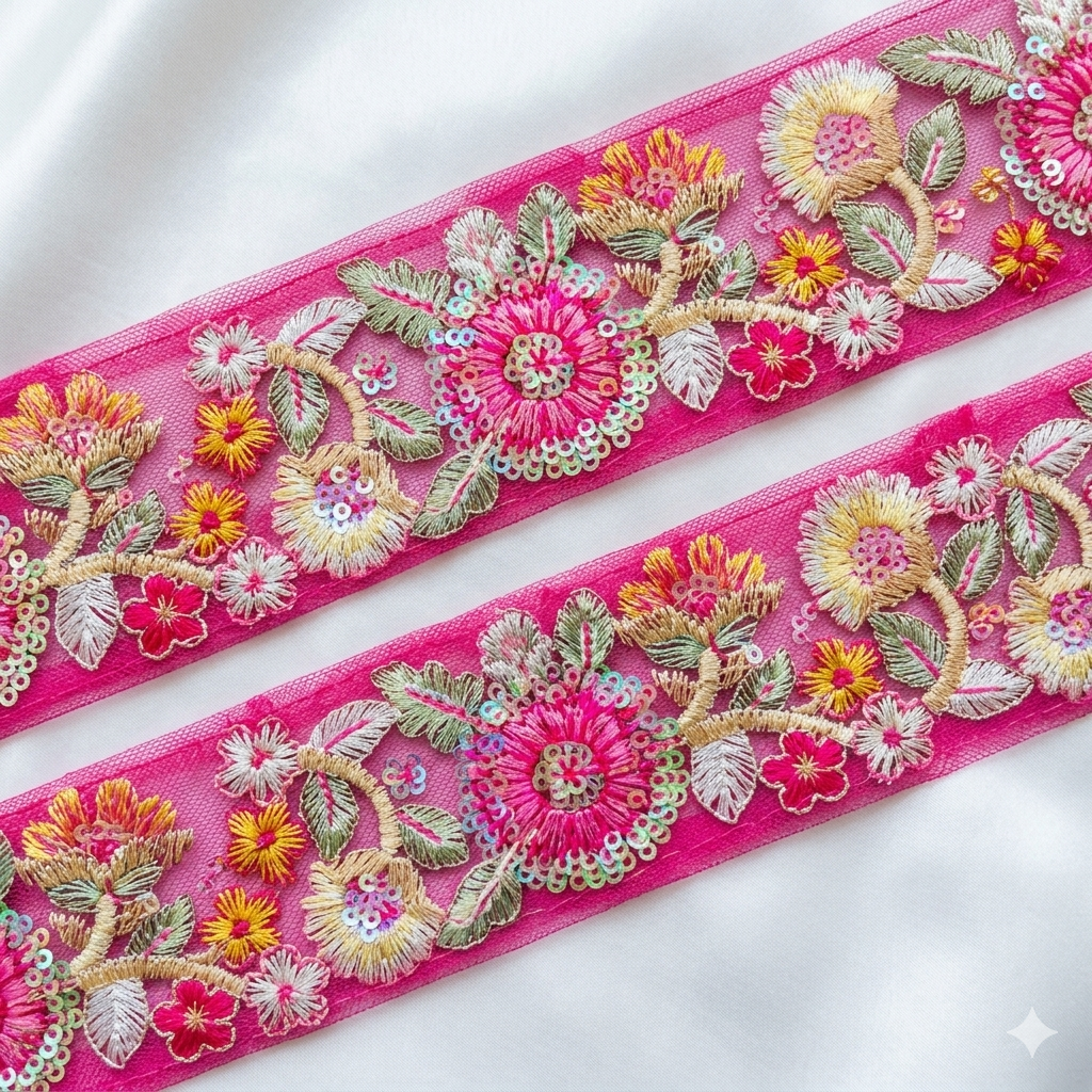Handcrafted Floral Embroidered Lace Trim with Ornate Sequin Detailing